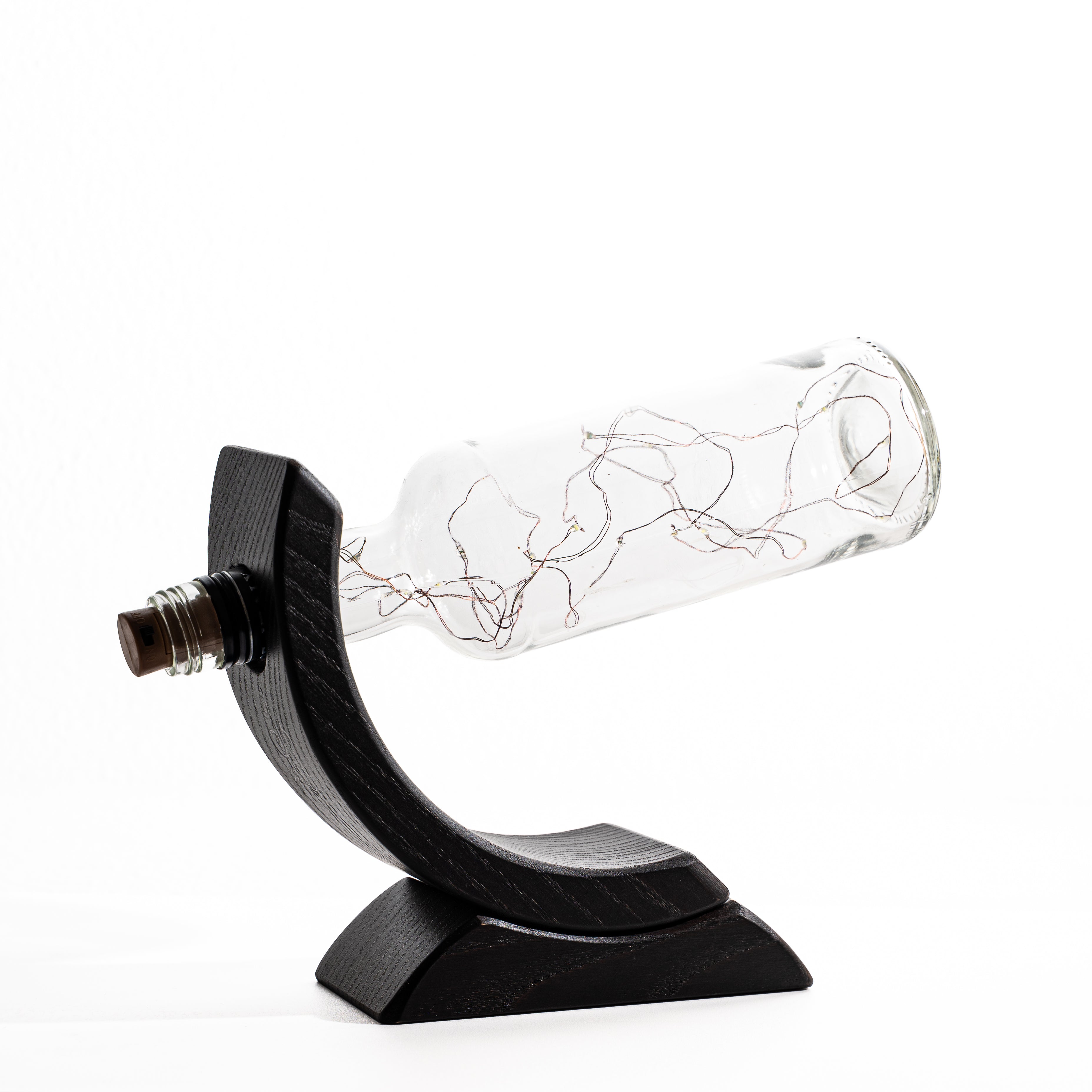 Portabottiglie a Mezzaluna in Legno Nero con Bottiglia Luminosa LED